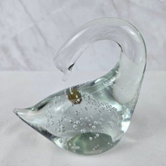 IW Rice Clear Art Glass Swan Bent Neck Controlled Bubbles Inside Stable Base - Picture 1 of 9